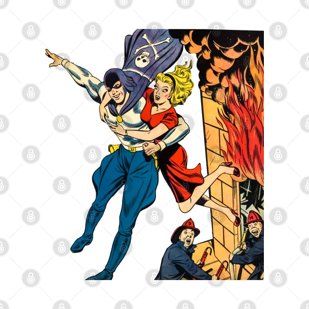 Masked Superhero Rescuing Beautiful Girl from Fire Building Firefighters Fire Retro Comic Vintage by REVISTANGO