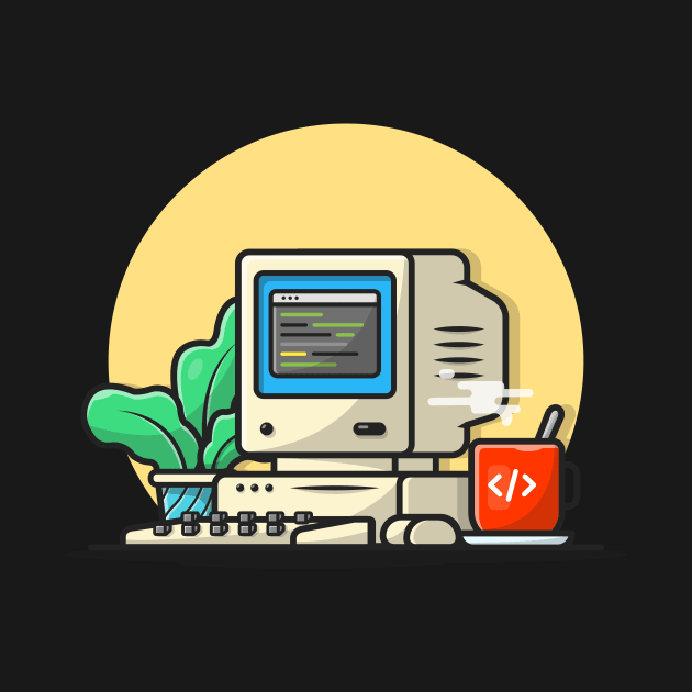 Old Computer Desktop with Coffee and Plant Cartoon Vector Icon Illustration by Catalyst Labs