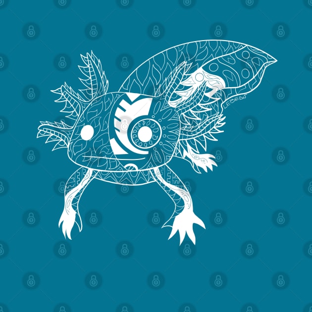 kawaii axolotl in totonac xochimilco pattern style ecopop blue by jorge_lebeau