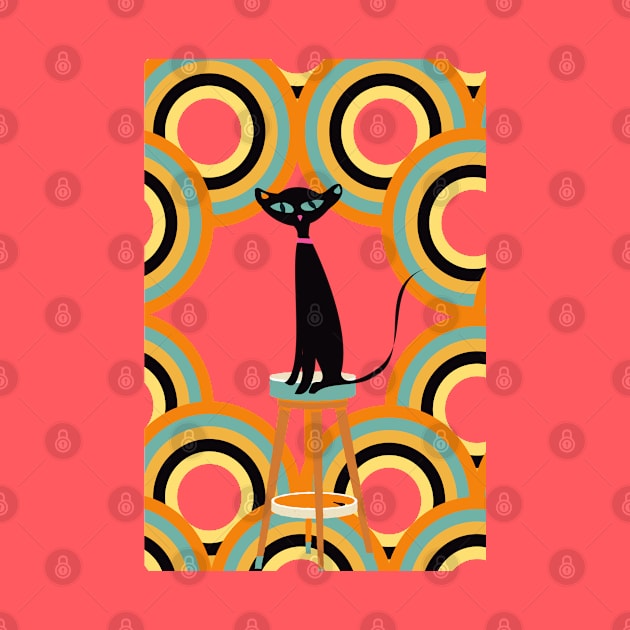 Black Cat Surrounded by Retro Shapes by Lisa Williams Design