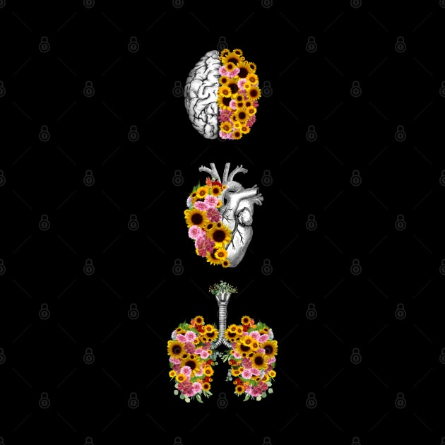 Set of human organ, lungs, heart and brain with sunflowers and daisy by Collagedream