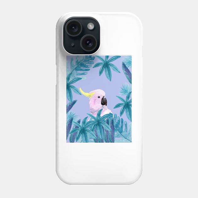 Cockatoo with tropical leaves in watercolor and a violet background Phone Case by Sandraartist