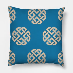 Celtic Endless Knot Pattern Beige on Blue Background Pillow