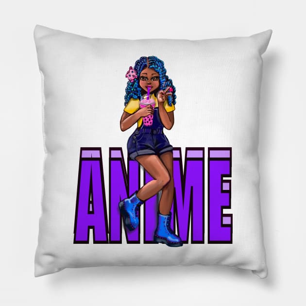 Cute Kawaii black Girl with bubble tea, African American, Black cartoon, purple text anime, game character girl Pillow by Artonmytee