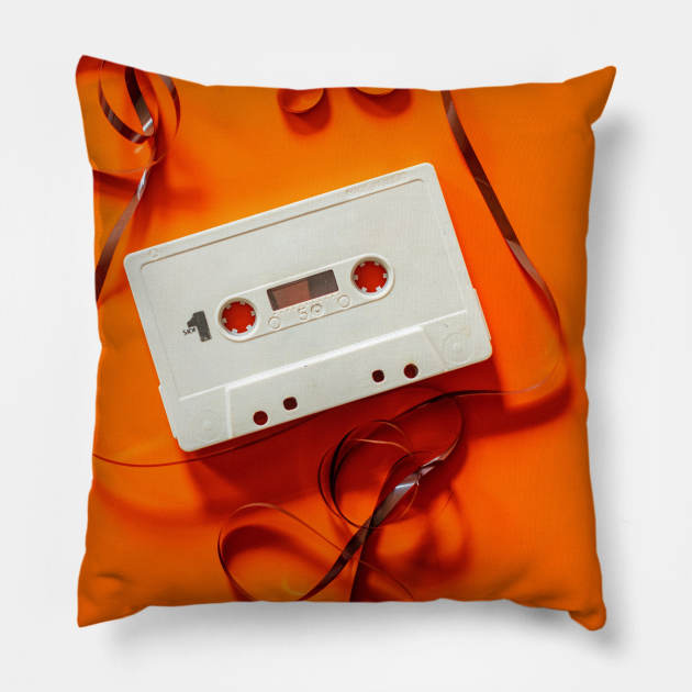 Orange Cassette Pillow by Realms.World