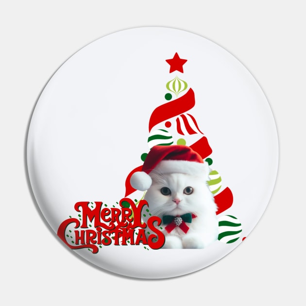 Cute White Cat in Santa Hat with Christmas Tree ,Brafdesign Pin by Brafdesign