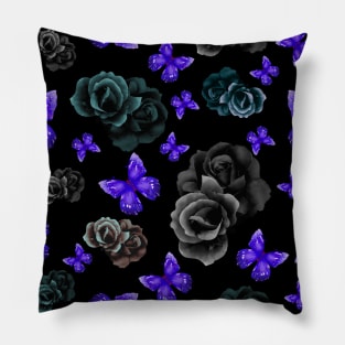 Dark Roses and Purple Butterflies w/ a black background Pillow