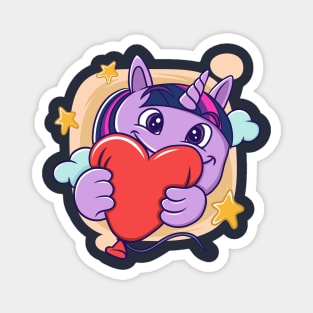 cute facial expression illustration of a little unicorn holding a red balloon Magnet