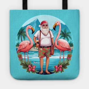 christmas in july santa at the lake with flamingos Tote