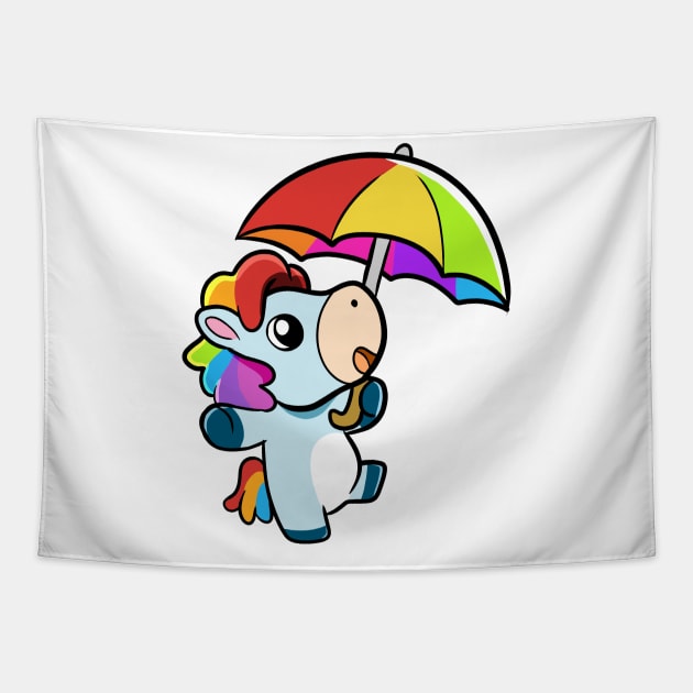 Happy Unicorn Holding Umbrella Kawai Tapestry by Irlustra Studio