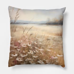 wildflower field landscape oil painting Pillow