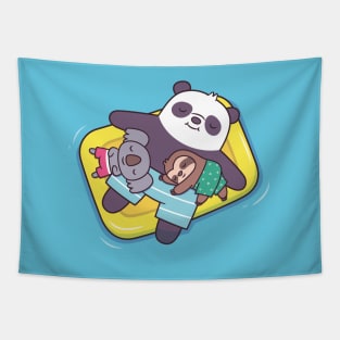 Cute Koala, Sloth and Panda Chilling on Pool Float Tapestry