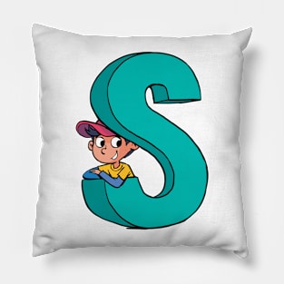 boy peeks out from the capital letter S Pillow