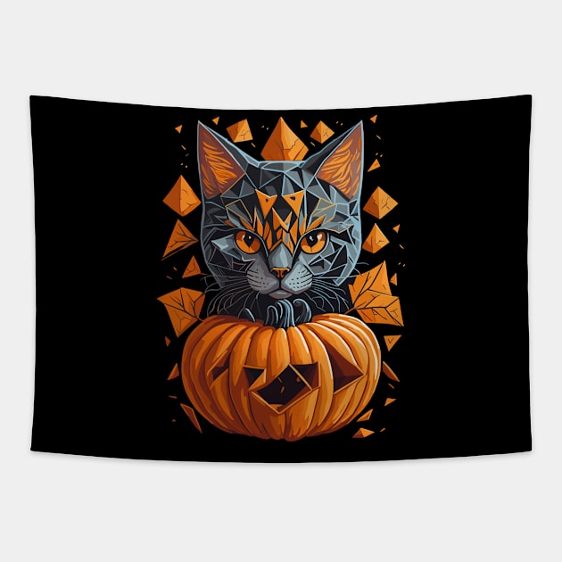 Geometric Halloween Cat on Pumpkin Tapestry by Luvleigh