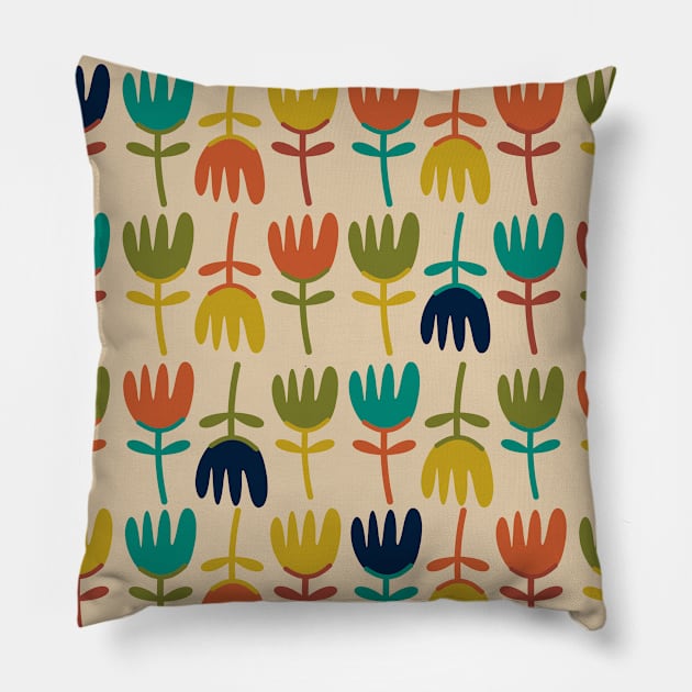 Tulips - Cute Floral Pattern in Midcentury Modern Mustard, Olive, Teal, Orange, Navy Blue and Beige Pillow by KierkegaardDesignStudio