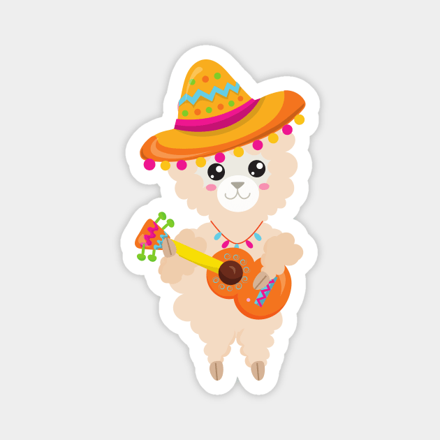 Mexican Llama, Cute Llama, Sombrero, Guitar Magnet by Jelena Dunčević