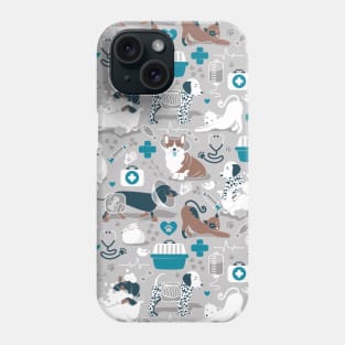 Veterinary medicine, happy and healthy friends // pattern // grey background turquoise details navy blue white and brown cats dogs and other animals Phone Case