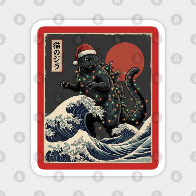 Catzilla Cat Japanese With Santa Hat and Christmas Lights Magnet by Creatifly Graphic Tees