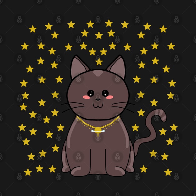 Cute Kawaii Black Cat With Stars by TANSHAMAYA