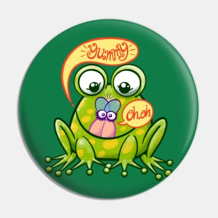 Mischievous green frog hunting a worried housefly in cute scene Pin