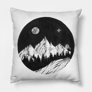 Hand inked draw of forest with mountains under the night sky with full moon and northern light Pillow