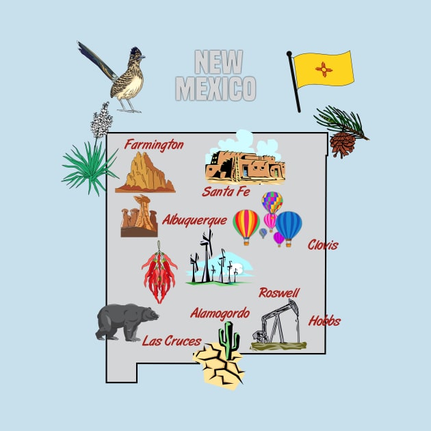 New Mexico state map with major cities, landmarks, Tourist Destinations, US by Mashmosh