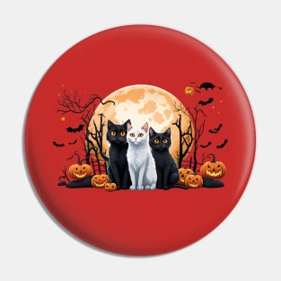 "Harmonious Halloween: Cat Lovers Under the Big Full Moon with Black and White triple cats" Pin