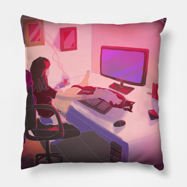 Cosy computer time Pillow by Oreoballpandacat