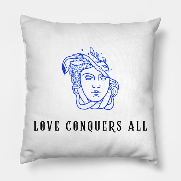 woman statue with poetry phrase "Love conquers all" Pillow by ACTA NO VERBA