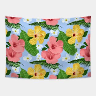 Tropical Hibiscus and Palm Fronds in Light Blue Tapestry