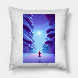 Anime Girl Moon Snowy Empty Street Christmas Landscape Pillow