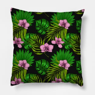 Orchids and palm leaves, pink and green Pillow