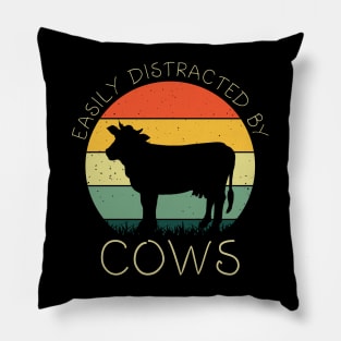 Retro Easily Distracted By Cows Shirt Funny Cows Lover Girls Pillow