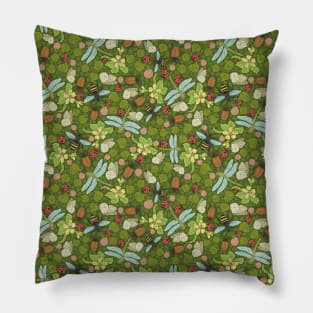 Dragonflies with bee amount clovers and apple blossom on green background Pillow