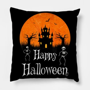 Haunted Castle Dancing Skeleton Happy Halloween Pillow