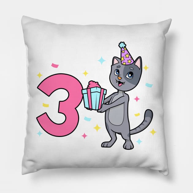 I am 3 with cat - girl birthday 3 years old Pillow by Modern Medieval Design