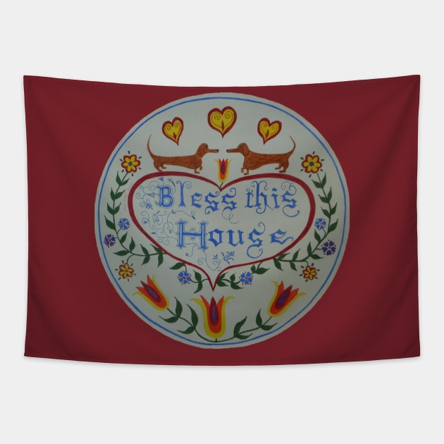 Dachshund House Blessing Tapestry by DebiCady