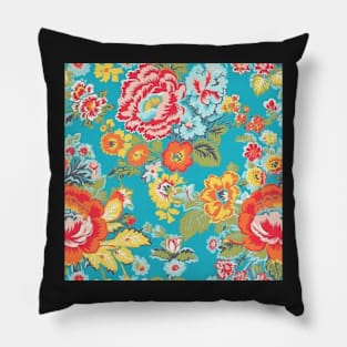 Cheerful Wildflowers, Blue, Teal, Red, Pink Pillow