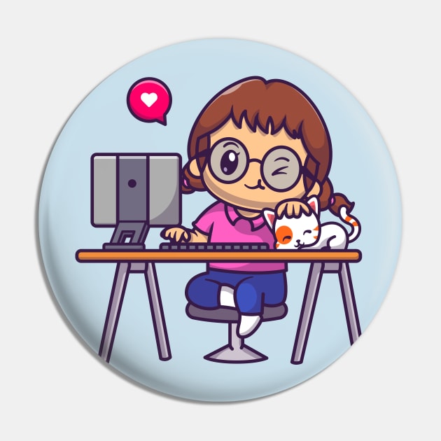 Cute Girl Working On Computer With Cat Cartoon Pin by Catalyst Labs