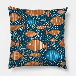 Blue and Orange Fish in the Sea Repeat Pattern Pillow