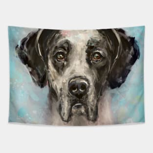 Chaotic Painting of a Black and White Great Dane on a Light Blue Background Tapestry