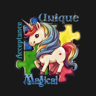 Autism Awareness Kawaii Unicorn and Puzzle Pieces T-Shirt