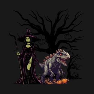 Scary dinasour with witch and pumpkin art for halloween season T-Shirt