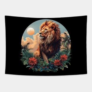 A Proud Lion Relaxes in the Evening Red Flowers In The Jungle The King of the Jungle Lion Tapestry