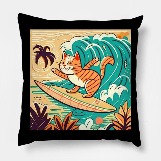 Mid Century Surfing Cat Pillow by Kona Cat Creationz