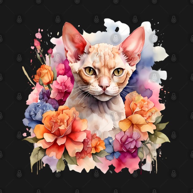 A devon rex cat decorated with beautiful watercolor flowers by CreativeSparkzz