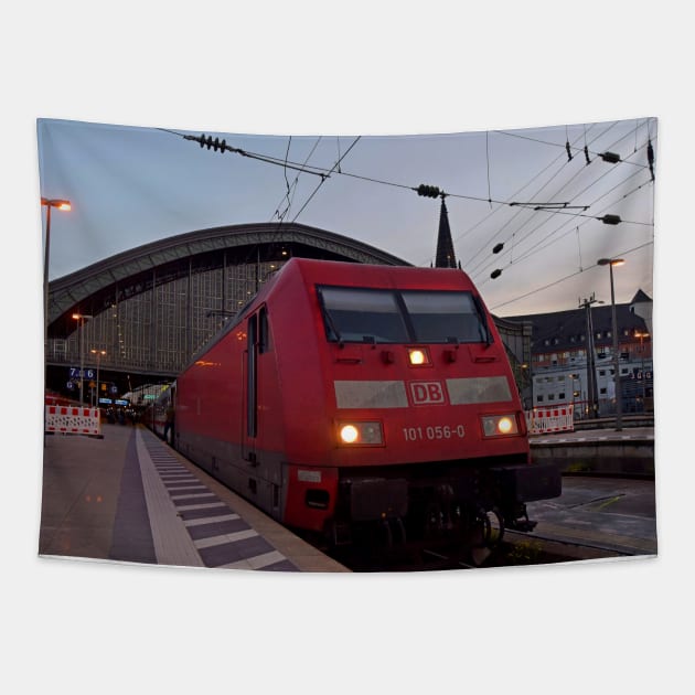 Cologne Station at night Tapestry by Random Railways