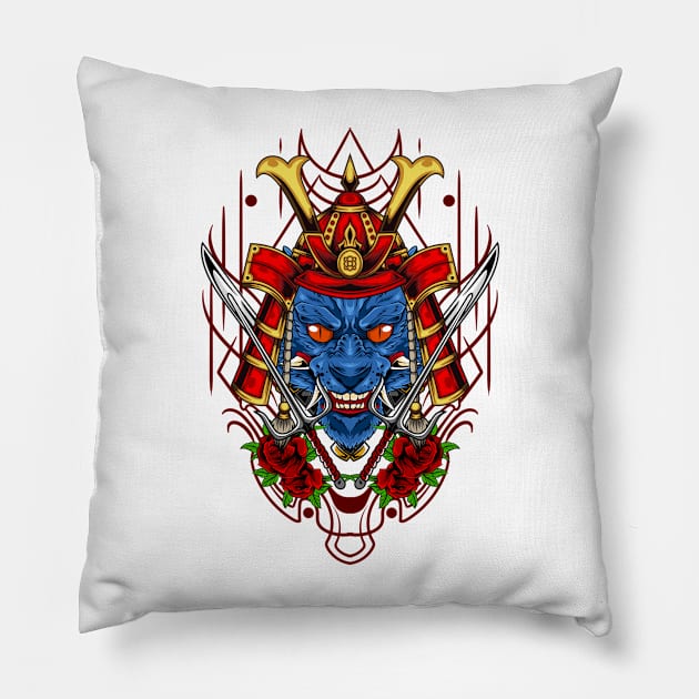 Samurai Cat | Red Kabuto Pillow by Harrisaputra