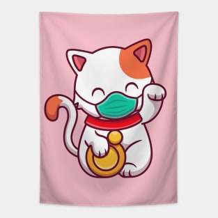 Cute Lucky Cat Wearing Mask Tapestry