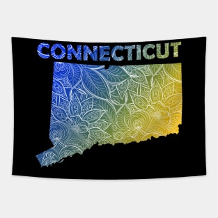 Colorful mandala art map of Connecticut with text in blue and yellow Tapestry